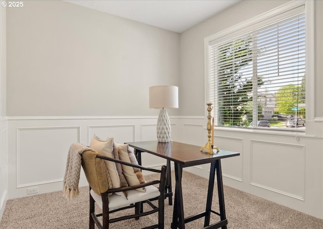 home office featuring carpet, plenty of natural light, a decorative wall, and a wainscoted wall