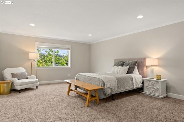 carpeted bedroom with ornamental molding, baseboards, and recessed lighting