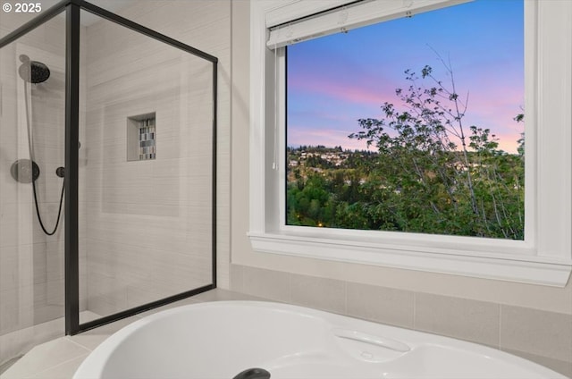 bathroom with a shower stall and a bath