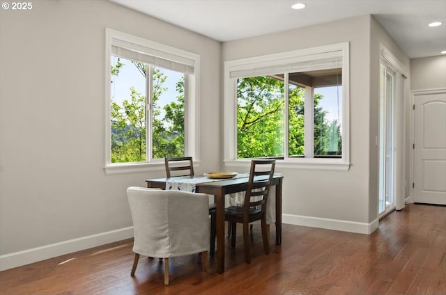 dining room featuring baseboards, plenty of natural light, wood finished floors, and recessed lighting