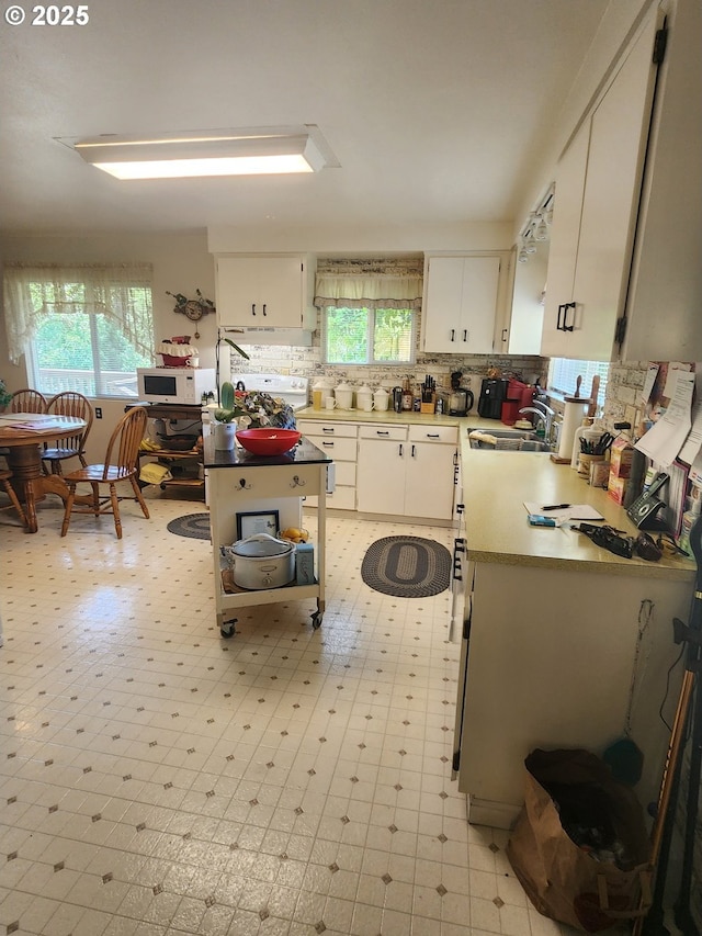 1386 Richardson Rd, Myrtle Creek, OR 97457 - kitchen featuring a sink, tasteful backsplash, white microwave, light floors, and white cabinets