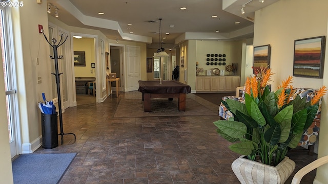 recreation room featuring visible vents, baseboards, recessed lighting, pool table, and stone finish flooring