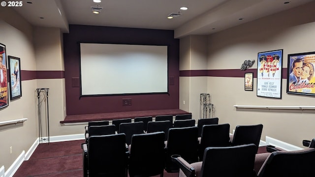 home theater featuring carpet flooring, recessed lighting, and baseboards
