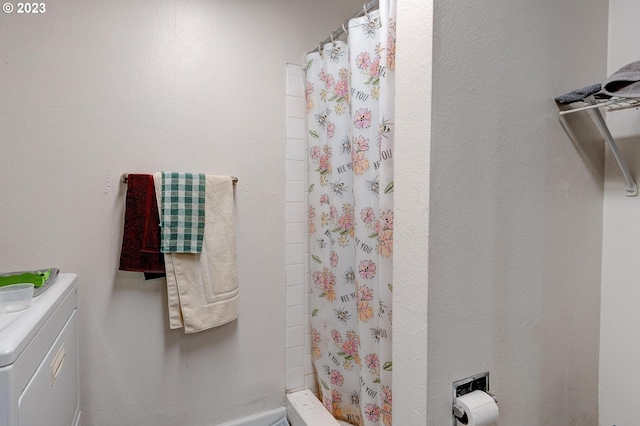 6097 SW Valley Ave, Beaverton, OR 97008 - full bathroom with washing machine and dryer, a shower with shower curtain, and vanity