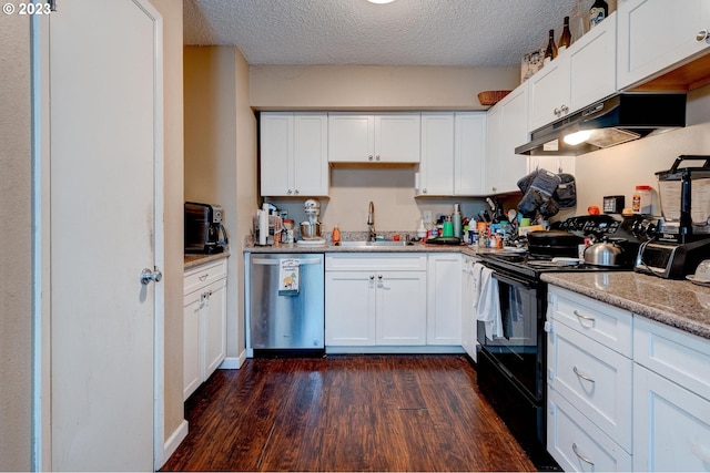 6097 SW Valley Ave, Beaverton, OR 97008 - kitchen featuring stainless steel dishwasher, under cabinet range hood, a sink, dark wood finished floors, and black electric range oven
