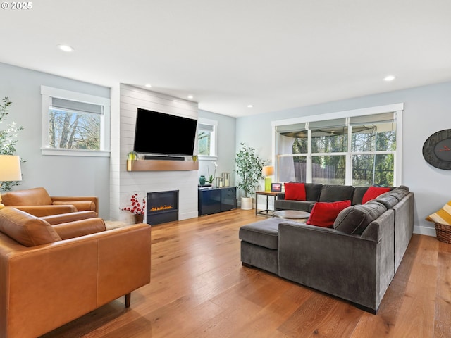 living room featuring hardwood / wood-style floors and a fireplace