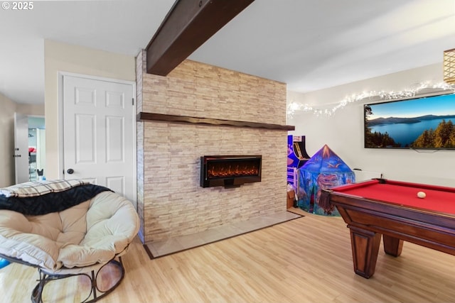 4247 Redwood Hwy, Grants Pass, OR 97527 - game room featuring wood finished floors, billiards, beam ceiling, and a fireplace