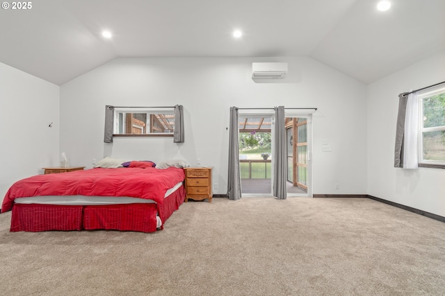86336 N Modesto Dr, Eugene, OR 97402 - bedroom featuring vaulted ceiling, access to exterior, carpet flooring, recessed lighting, and a wall mounted AC