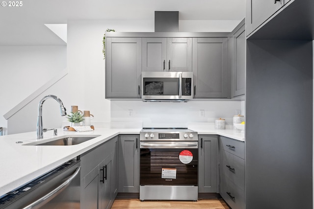 kitchen with sink, gray cabinets, stainless steel appliances, and light wood-type flooring