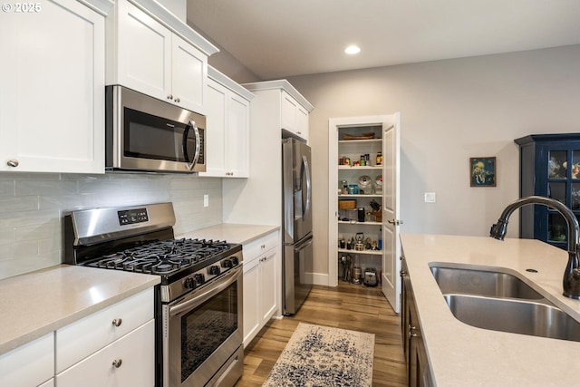 kitchen with stainless steel appliances, wood finished floors, a sink, light countertops, and tasteful backsplash