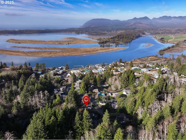 aerial view with a water and mountain view