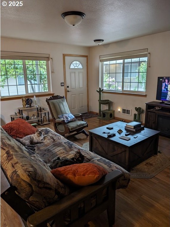1150 Hemlock St E Unit 17, Florence, OR 97439 - living room featuring wood finished floors and a textured ceiling