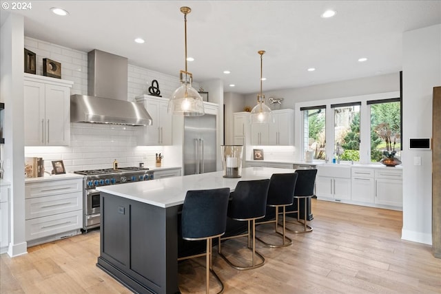 kitchen with high end appliances, backsplash, wall chimney exhaust hood, and white cabinetry