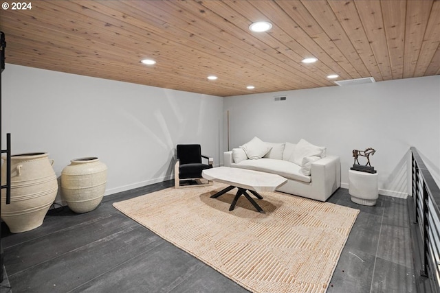 interior space featuring recessed lighting, visible vents, wooden ceiling, and dark wood finished floors