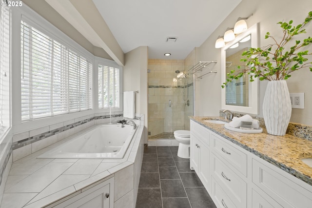 5153 Greensborough Ct, Lake Oswego, OR 97035 - full bathroom with a stall shower, double vanity, a jetted tub, toilet, and tile patterned flooring