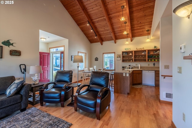 1312 Village Loop, Bandon, OR 97411 - living area with a wood ceiling with exposed beams, light wood-type flooring, and high vaulted ceiling