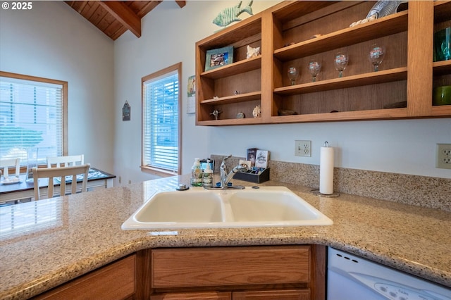 1312 Village Loop, Bandon, OR 97411 - kitchen featuring dishwasher, plenty of natural light, open shelves, light stone counters, and wooden ceiling