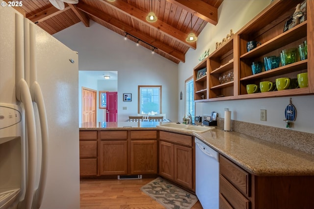 1312 Village Loop, Bandon, OR 97411 - kitchen with white appliances, a wood ceiling with exposed beams, open shelves, light wood-type flooring, and high vaulted ceiling