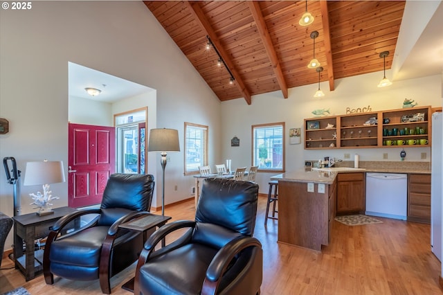 1312 Village Loop, Bandon, OR 97411 - kitchen featuring dishwasher, a wood ceiling with exposed beams, light wood-style flooring, open shelves, and pendant lighting