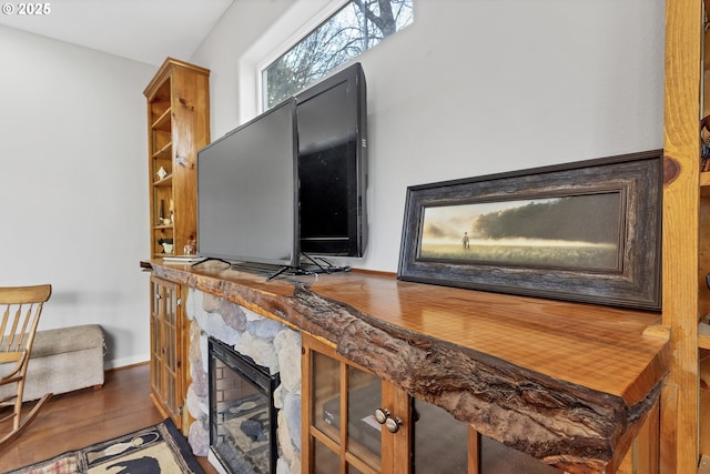 interior details with a stone fireplace and hardwood / wood-style floors