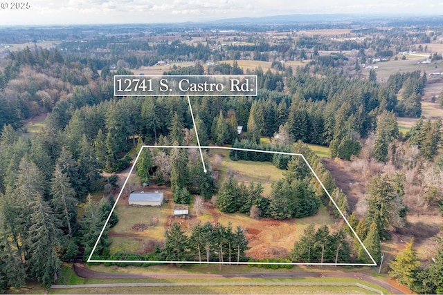 drone / aerial view featuring a forest view and a rural view