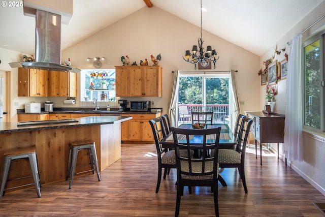 1260 Ireland Rd, Winston, OR 97496 - kitchen with island range hood, stainless steel microwave, an inviting chandelier, dark countertops, and dark wood-style floors