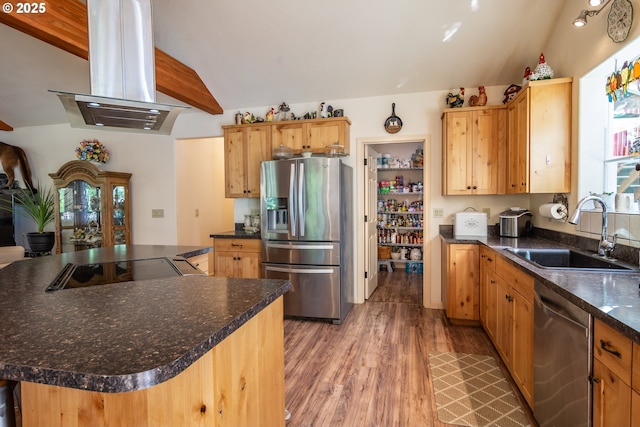 1260 Ireland Rd, Winston, OR 97496 - kitchen with a sink, lofted ceiling, dark countertops, stainless steel appliances, and island range hood