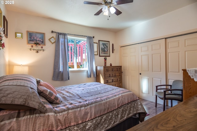 1260 Ireland Rd, Winston, OR 97496 - bedroom featuring a closet, ceiling fan, and wood finished floors