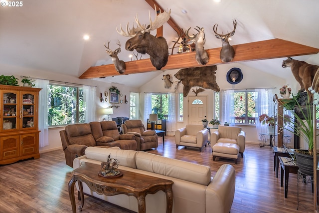 1260 Ireland Rd, Winston, OR 97496 - living room with baseboards, high vaulted ceiling, wood finished floors, and beam ceiling