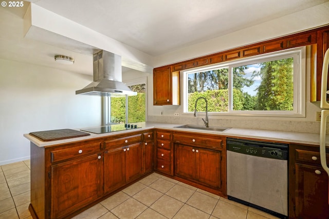 3457 Champlain Ct, Salem, OR 97304 - kitchen with a sink, black electric stovetop, island exhaust hood, dishwasher, and light countertops