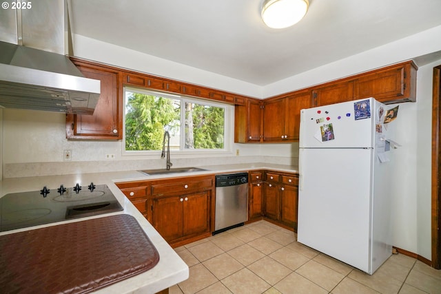 3457 Champlain Ct, Salem, OR 97304 - kitchen with freestanding refrigerator, exhaust hood, stainless steel dishwasher, a sink, and black electric cooktop