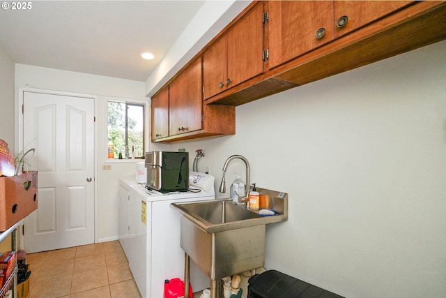 3457 Champlain Ct, Salem, OR 97304 - laundry area featuring a sink, cabinet space, recessed lighting, washer and dryer, and light tile patterned floors