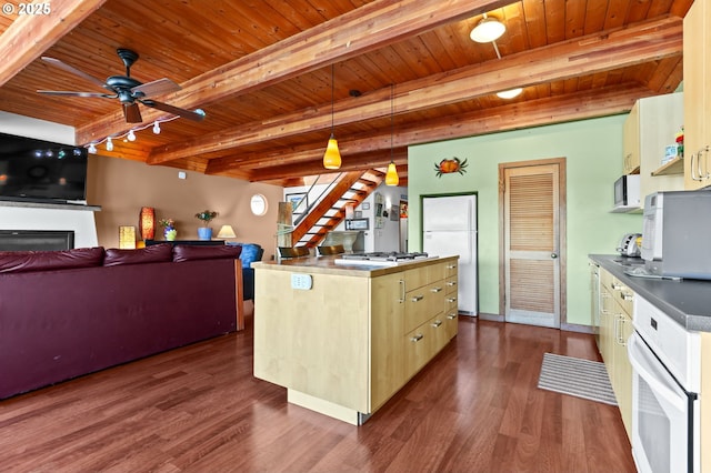 kitchen with white appliances, wood ceiling, dark wood-type flooring, ceiling fan, and beam ceiling