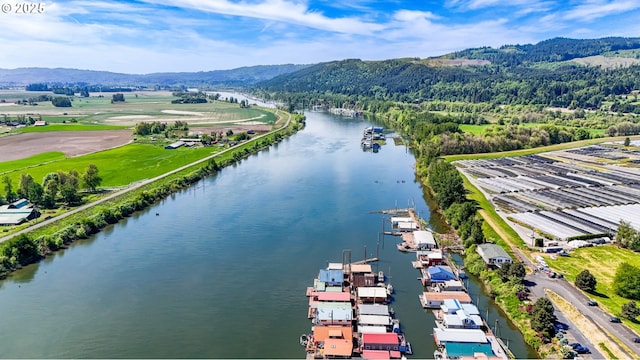 aerial view of a water and mountain view and a heavily wooded area