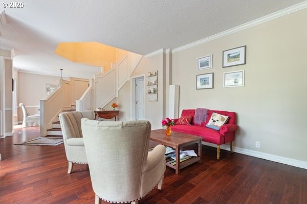15395 SW Emerald St, Beaverton, OR 97007 - living area featuring stairs, crown molding, dark wood-style flooring, and baseboards