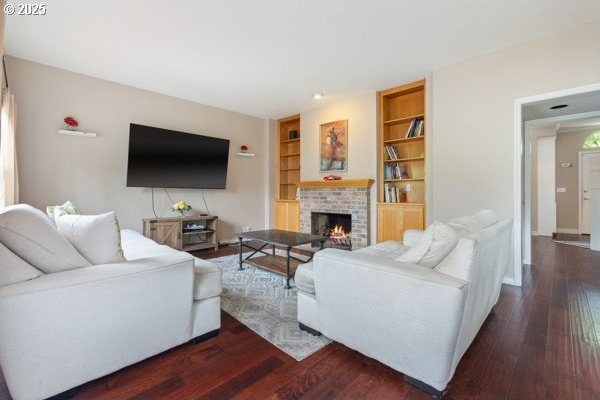 15395 SW Emerald St, Beaverton, OR 97007 - living room with a brick fireplace, dark wood-style floors, and built in shelves