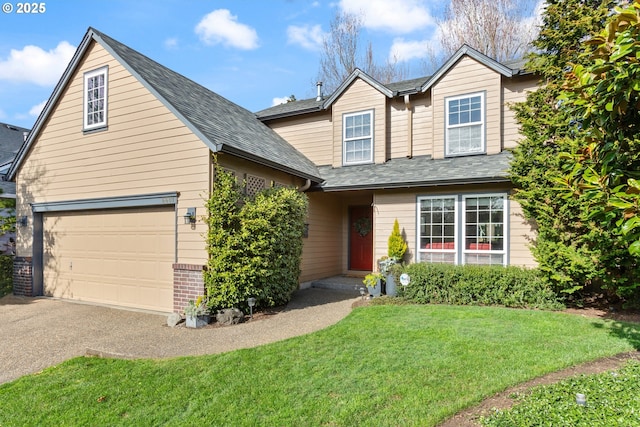 traditional-style house with a front yard, brick siding, and roof with shingles