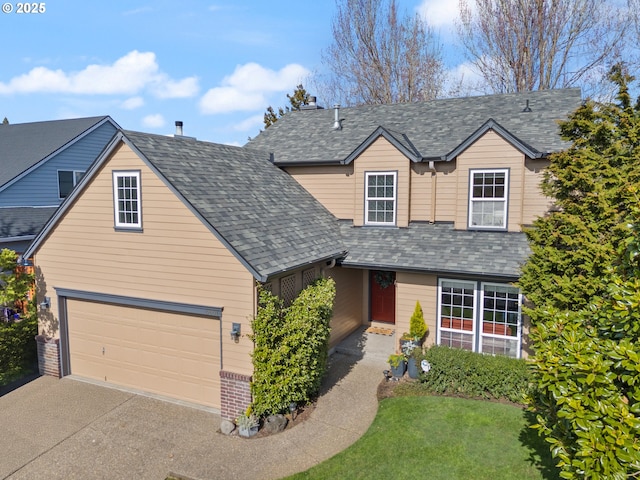 traditional home featuring brick siding, a shingled roof, and a garage