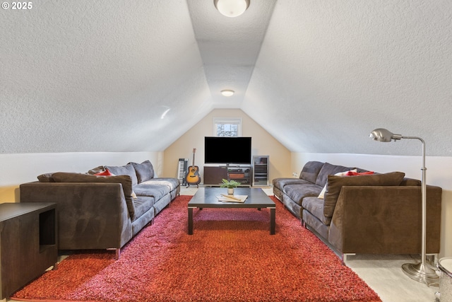 living room featuring vaulted ceiling, carpet flooring, and a textured ceiling