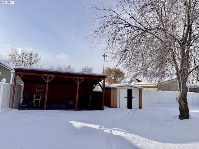 exterior space with a storage shed