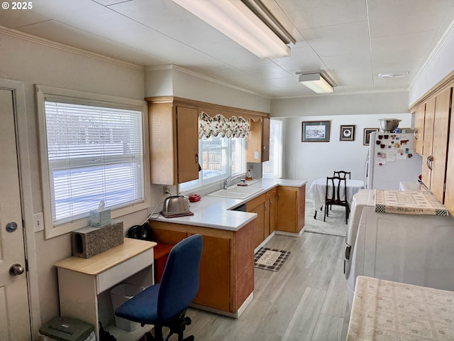 kitchen with sink, ornamental molding, kitchen peninsula, and white fridge