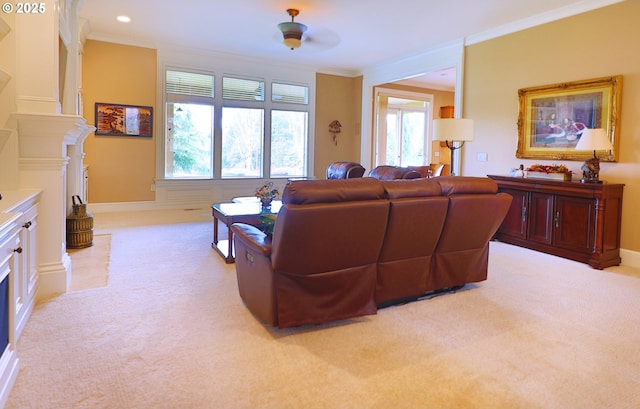 carpeted living room featuring baseboards, crown molding, and recessed lighting