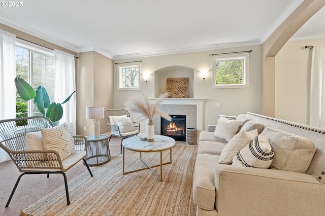 12647 SW 21st Ct, Lake Oswego, OR 97035 - living room featuring ornamental molding, plenty of natural light, and a glass covered fireplace