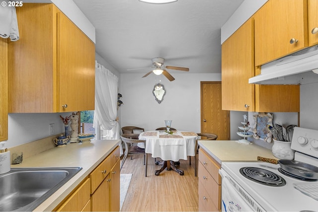 kitchen with white electric stove, light wood finished floors, light countertops, a sink, and under cabinet range hood