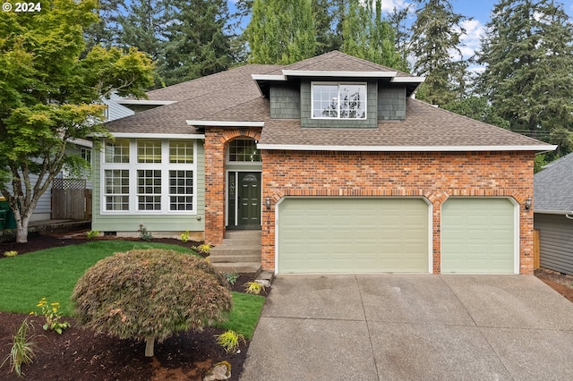 view of front of property with roof with shingles, brick siding, concrete driveway, an attached garage, and fence