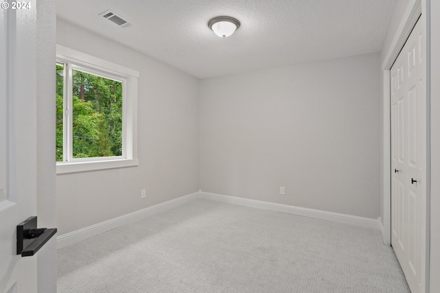 bedroom with light colored carpet, a textured ceiling, and a closet