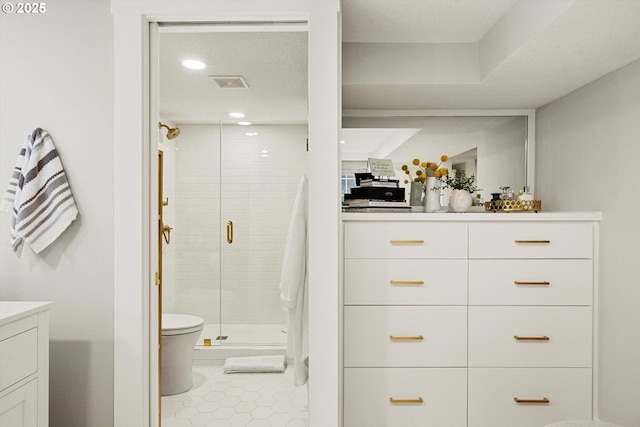 364 Northshore Rd, Lake Oswego, OR 97034 - bathroom with vanity, a stall shower, recessed lighting, and tile patterned floors