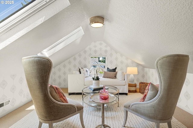 364 Northshore Rd, Lake Oswego, OR 97034 - living area featuring a skylight, wallpapered walls, vaulted ceiling, carpet floors, and a textured ceiling