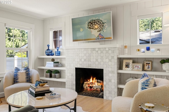 364 Northshore Rd, Lake Oswego, OR 97034 - living room with ornamental molding, wood finished floors, and a fireplace