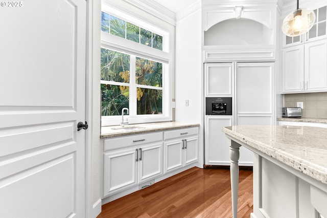 kitchen with a sink, white cabinets, light stone countertops, backsplash, and paneled refrigerator